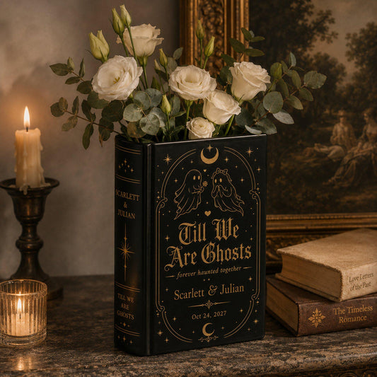 Custom Name Till We Are Ghosts Ceramic Book Vase, Personalized Gothic Couple Flower Vase, Wedding Keepsake, Anniversary Gift for Him Her