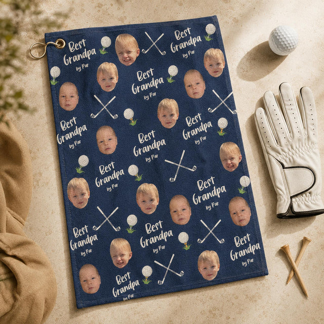 Best Grandpa By Par Golf Towel With Custom Kid Face Photo, Funny Christmas Gift Ideas, Golf Dad Gifts, Personalized Towel For Golf Lovers