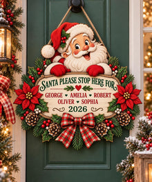 Personalized Santa Christmas Door Hanger, Santa Please Stop Here Sign, Custom Family Names Wood Sign, Christmas Front Door Decor