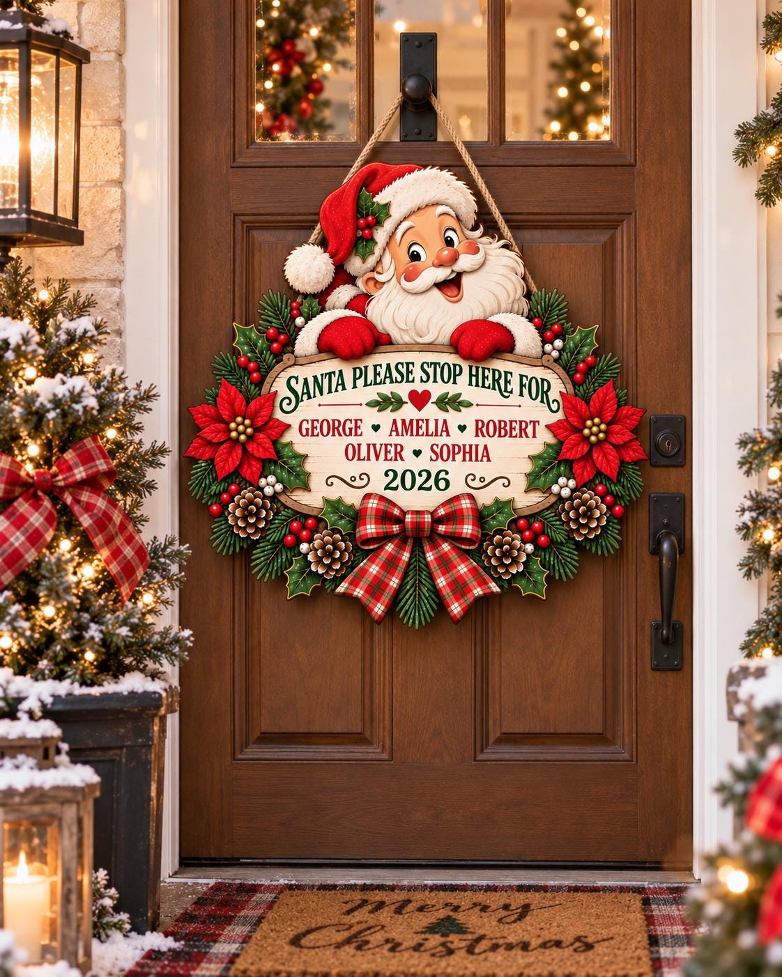 Personalized Santa Christmas Door Hanger, Santa Please Stop Here Sign, Custom Family Names Wood Sign, Christmas Front Door Decor