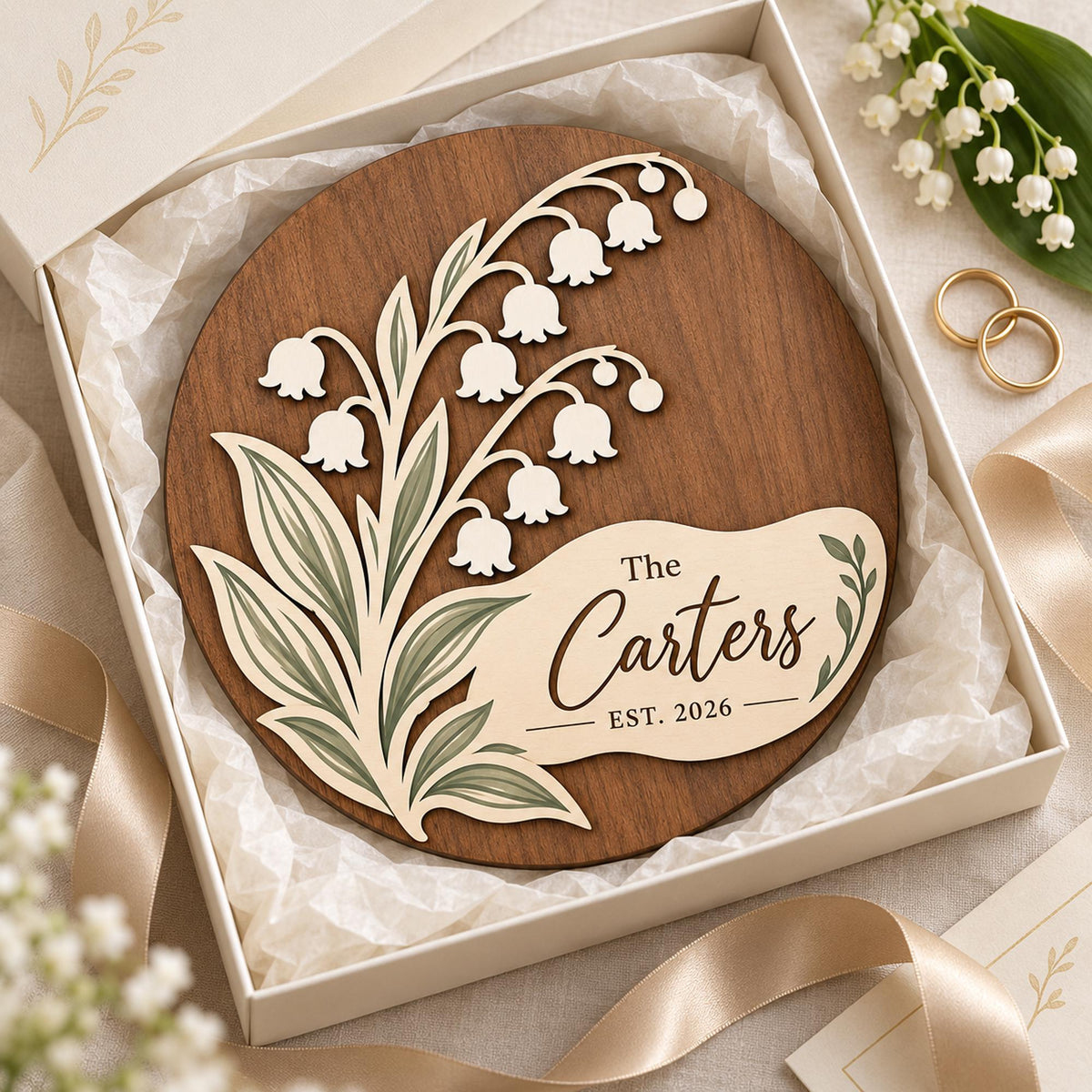 Personalized Lily of the Valley 2 Layer Wooden Door Sign, Custom Family Name and Year Floral Door Hanger for Wedding or Housewarming Gift
