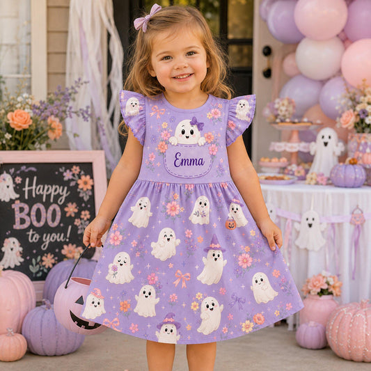 Custom Kid Name Ghost Flower Coquette Bow Ruffle Sleeve Dress, Personalized Pastel Halloween Kid Girl Dress, Trick Or Treat Outfit