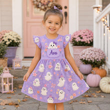 Custom Kid Name Ghost Flower Coquette Bow Ruffle Sleeve Dress, Personalized Pastel Halloween Kid Girl Dress, Trick Or Treat Outfit