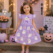 Custom Kid Name Ghost Flower Coquette Bow Ruffle Sleeve Dress, Personalized Pastel Halloween Kid Girl Dress, Trick Or Treat Outfit