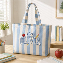 Custom Embroidered Gingham Patchwork Teacher Name Striped Canvas Bag, Personalized Embroidery Back To Schook Bag, Thank you Teacher Gift
