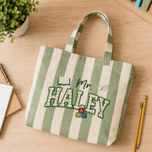 Custom Embroidered Gingham Patchwork Teacher Name Striped Canvas Bag, Personalized Embroidery Back To Schook Bag, Thank you Teacher Gift