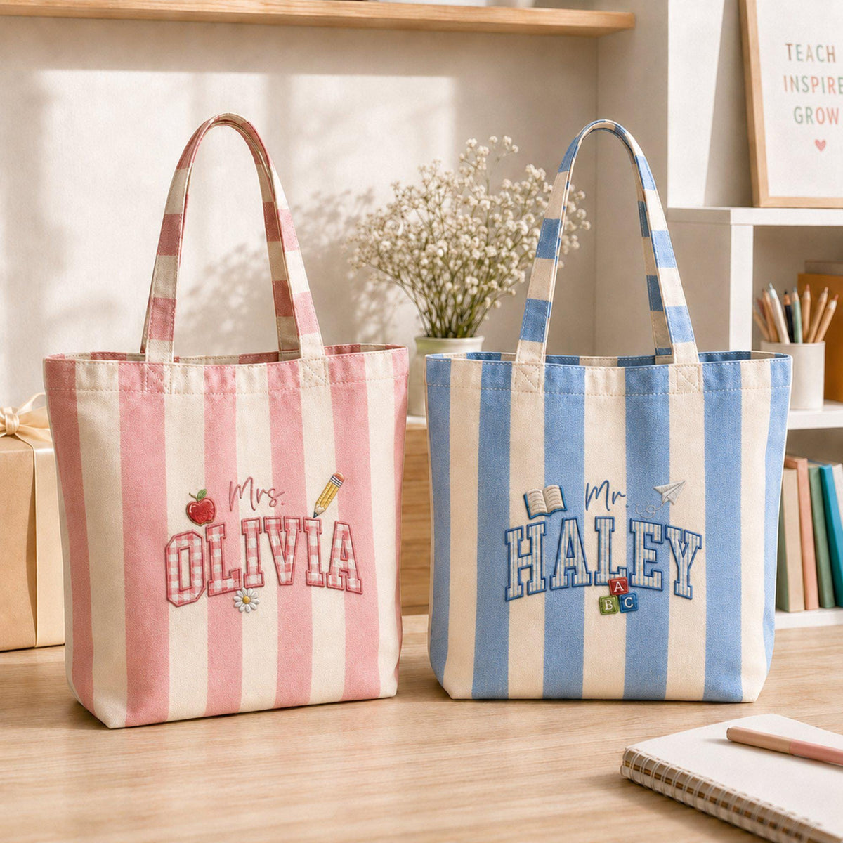 Custom Embroidered Gingham Patchwork Teacher Name Striped Canvas Bag, Personalized Embroidery Back To Schook Bag, Thank you Teacher Gift
