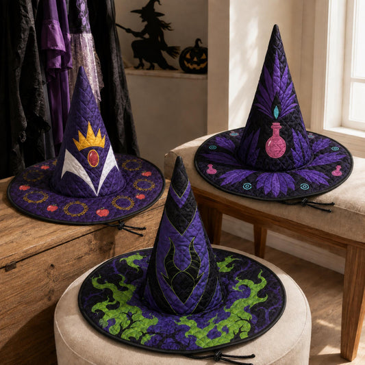 Custom Witch Characters Halloween Quilted Witch Hat, Personalized Gothic Mystical Potion Evil Eye and Moon Cosplay Costume Accessory
