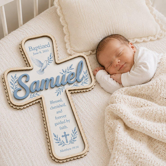 Personalized Baptism Cross with Name, Wooden Christening Gift for Baby