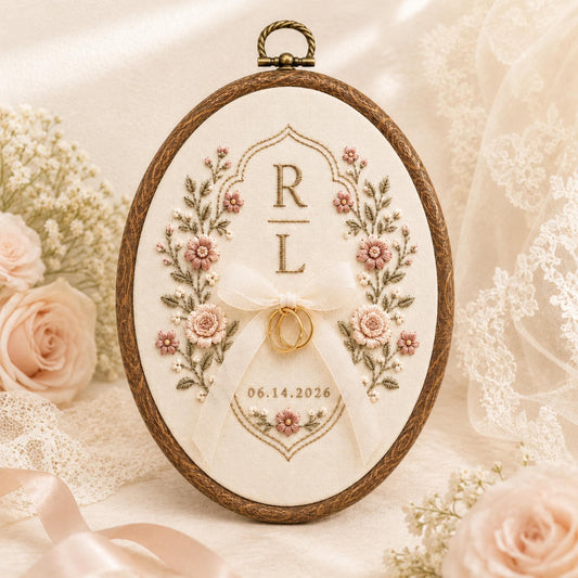 Custom Couple Initials & Date Hand Embroidered Ring Bearer Hoop, Personalized Wedding Floral Frame Hoop Art, Bridal Keepsake, Wedding Gift