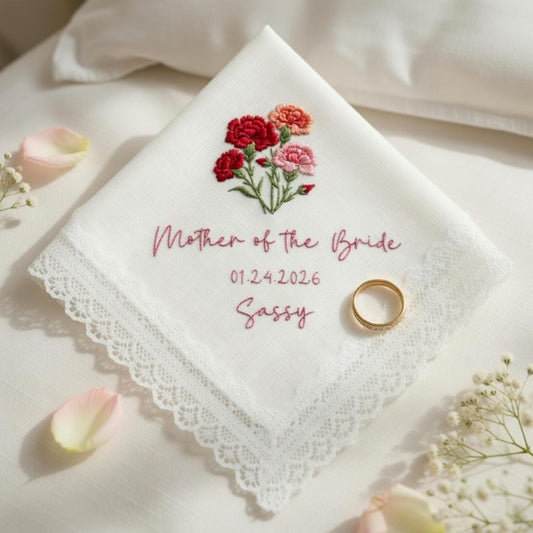 Custom Embroidered Wedding Flower Linen Handkerchief For Happy Tears, Personalized Embroidery Message Napkins, Parent Of Bride Groom Gift