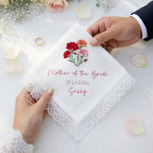 Custom Embroidered Wedding Flower Linen Handkerchief For Happy Tears, Personalized Embroidery Message Napkins, Parent Of Bride Groom Gift