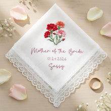 Custom Embroidered Wedding Flower Linen Handkerchief For Happy Tears, Personalized Embroidery Message Napkins, Parent Of Bride Groom Gift