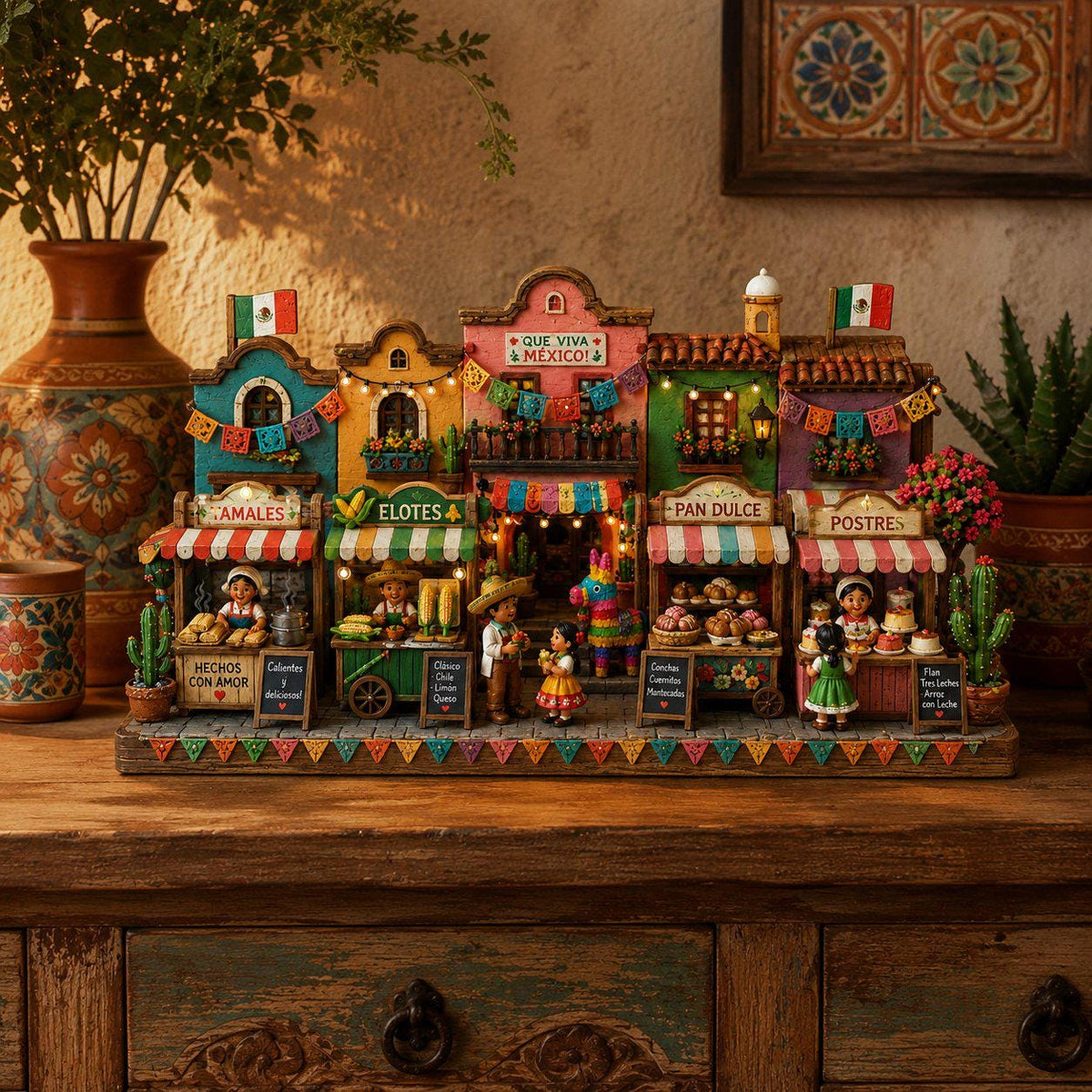 Cinco de Mayo Wooden Sign, Mexican Street Miniature Decor, Fiesta Market Scene, Colorful Shelf Display, Cultural Gift