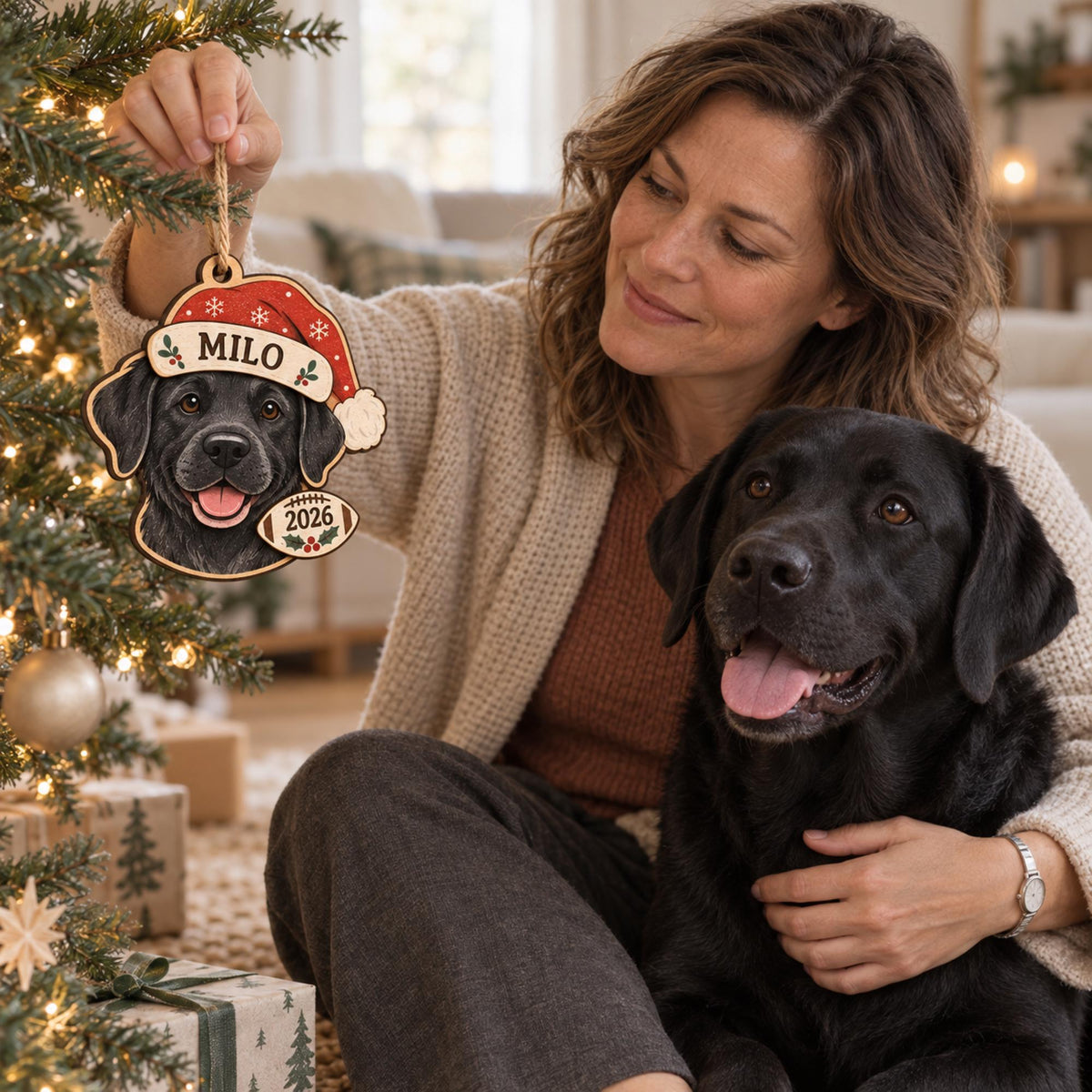 Personalized Dog Photo 2 Layer Wood Ornament, Custom Pet Portrait Name and Year Santa Hat Christmas Keepsake Gift for Dog Lovers