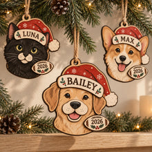 Personalized Dog Photo 2 Layer Wood Ornament, Custom Pet Portrait Name and Year Santa Hat Christmas Keepsake Gift for Dog Lovers