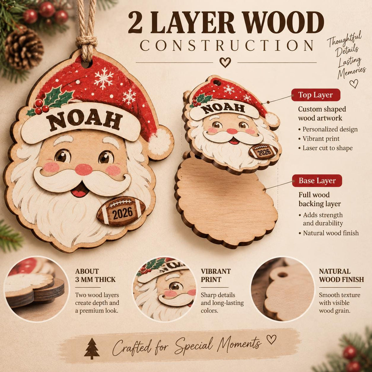 Personalized Dog Photo 2 Layer Wood Ornament, Custom Pet Portrait Name and Year Santa Hat Christmas Keepsake Gift for Dog Lovers