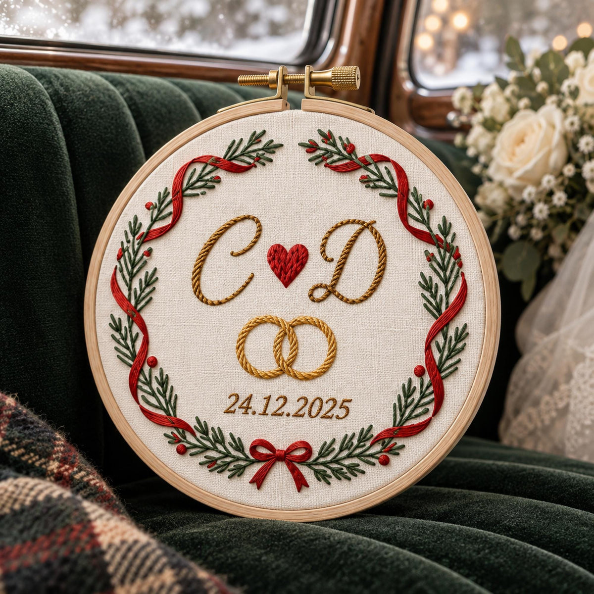 Embroidered Custom Couple Initials Christmas Wreath Ornament, Personalized Holiday Keepsake, Wedding Anniversary Gift, Newlywed  Xmas Decor