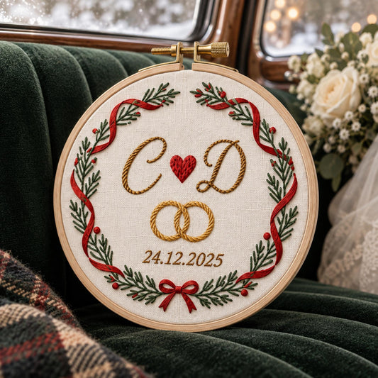 Embroidered Custom Couple Initials Christmas Wreath Ornament, Personalized Holiday Keepsake, Wedding Anniversary Gift, Newlywed  Xmas Decor