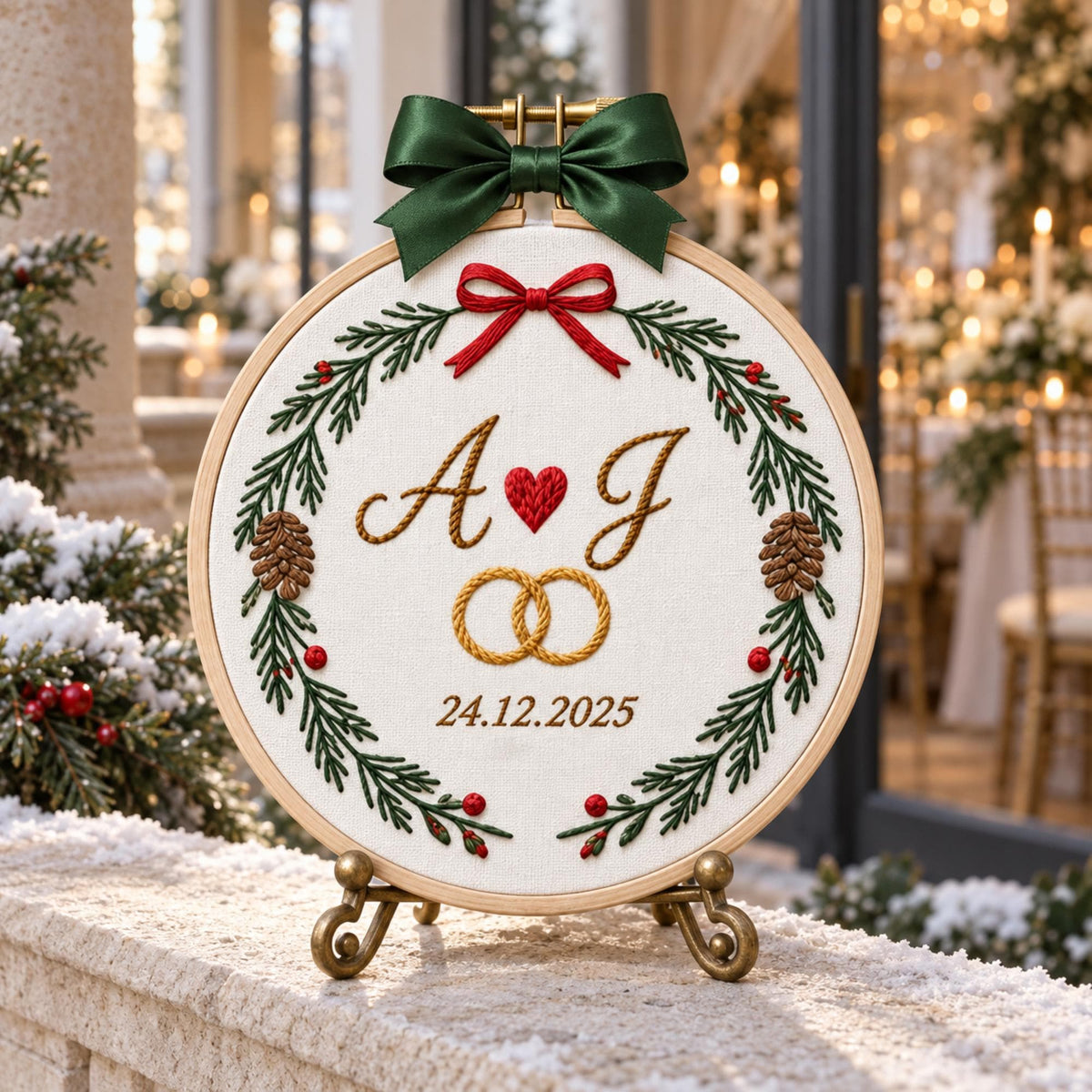 Embroidered Custom Couple Initials Christmas Wreath Ornament, Personalized Holiday Keepsake, Wedding Anniversary Gift, Newlywed  Xmas Decor