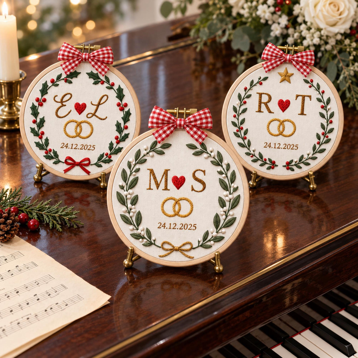 Embroidered Custom Couple Initials Christmas Wreath Ornament, Personalized Holiday Keepsake, Wedding Anniversary Gift, Newlywed  Xmas Decor
