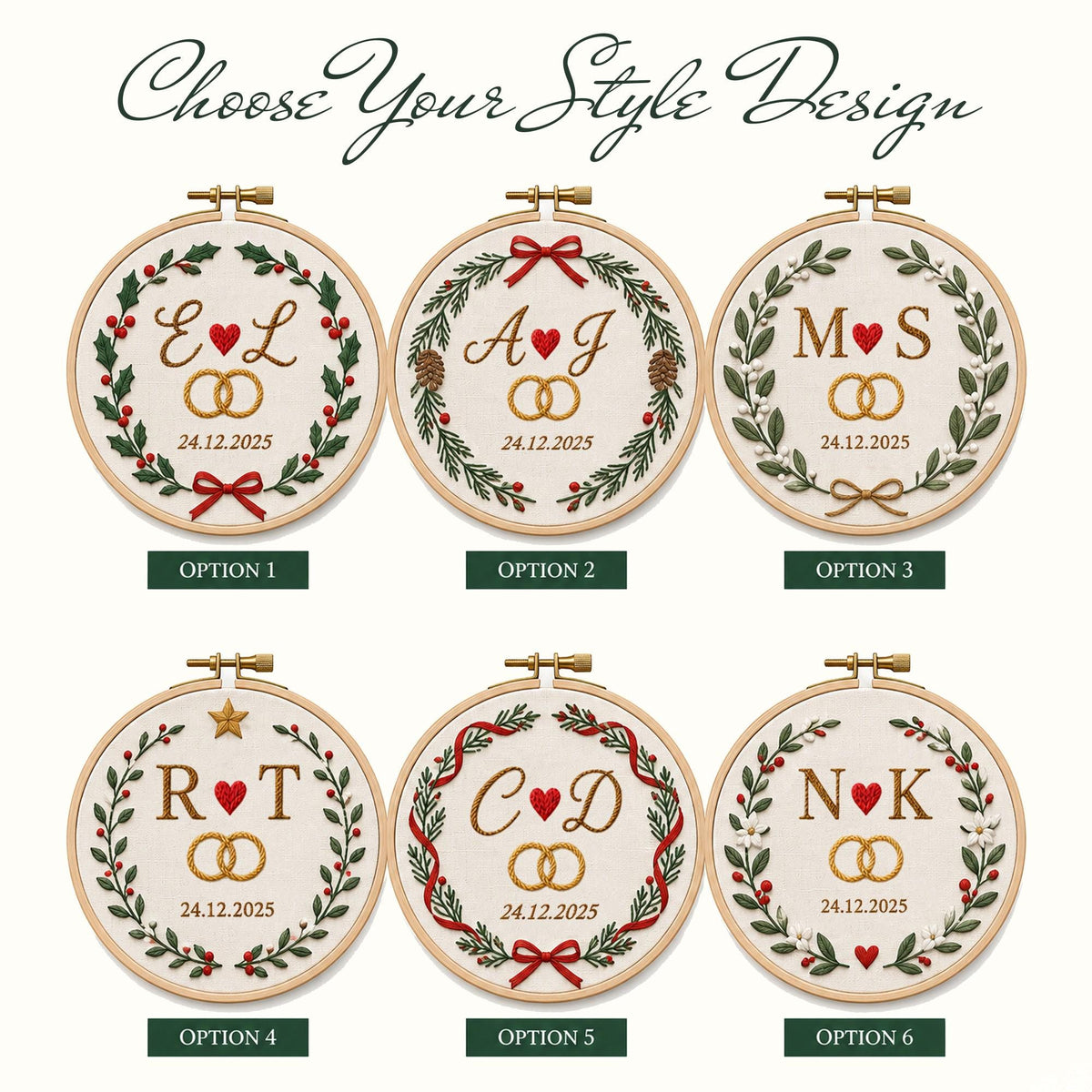 Embroidered Custom Couple Initials Christmas Wreath Ornament, Personalized Holiday Keepsake, Wedding Anniversary Gift, Newlywed  Xmas Decor