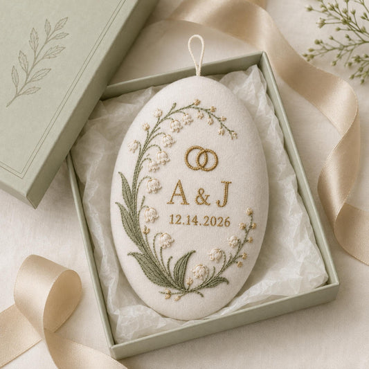 Personalized Hand Embroidered Couple Initials Linen Ornament, Custom Embroidey Floral Wedding Date Keepsake, Anniversary Christmas Gift