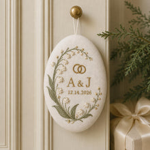 Personalized Hand Embroidered Couple Initials Linen Ornament, Custom Embroidey Floral Wedding Date Keepsake, Anniversary Christmas Gift