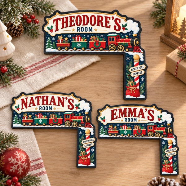 Personalized North Pole Christmas Door Corner Sign, Custom Express Train Room Wooden Hanger, Holiday Door Frame Decor