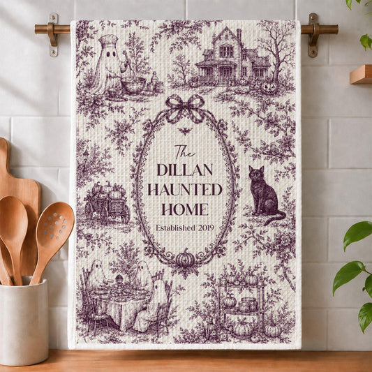 Custom Toile De Jouy Haunted Home Halloween Towel, Personalized Family Kitchen Towel, Spooky Fall Kitchen Decor, Halloween Hostess Gift
