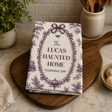 Custom Toile De Jouy Haunted Home Halloween Towel, Personalized Family Kitchen Towel, Spooky Fall Kitchen Decor, Halloween Hostess Gift
