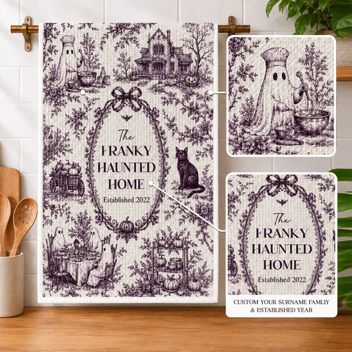 Custom Toile De Jouy Haunted Home Halloween Towel, Personalized Family Kitchen Towel, Spooky Fall Kitchen Decor, Halloween Hostess Gift