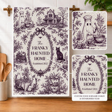 Custom Toile De Jouy Haunted Home Halloween Towel, Personalized Family Kitchen Towel, Spooky Fall Kitchen Decor, Halloween Hostess Gift