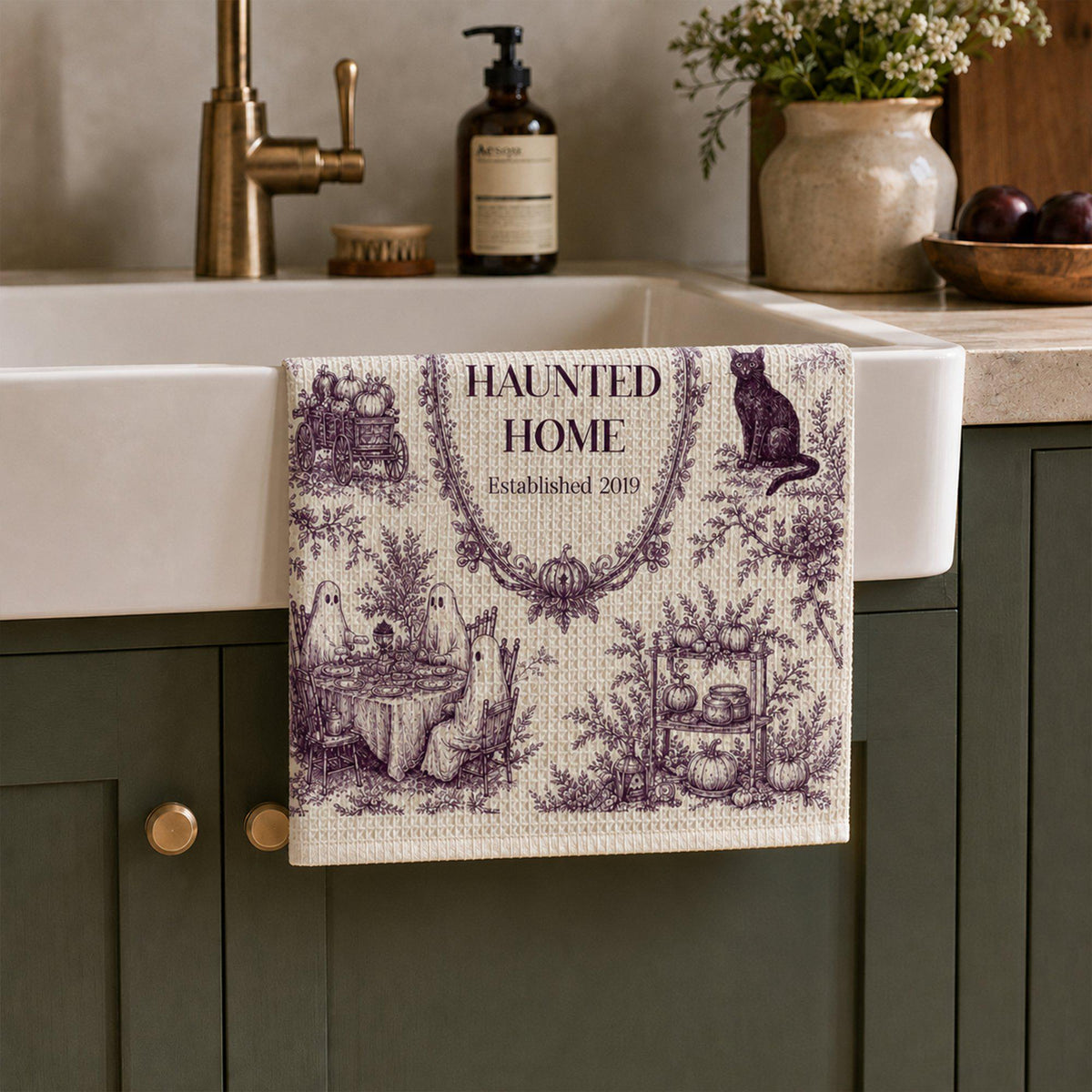 Custom Toile De Jouy Haunted Home Halloween Towel, Personalized Family Kitchen Towel, Spooky Fall Kitchen Decor, Halloween Hostess Gift