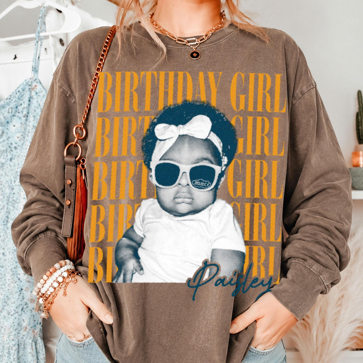 Custom Birthday Girl T-Shirt & Long Gradient Washed Shirt, Personalized Photo And Name Shirt, Vintage Washed Birthday Apparel