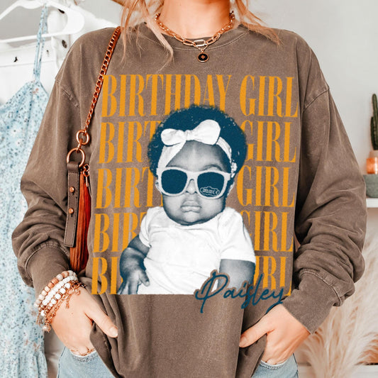 Custom Birthday Girl T-Shirt & Long Gradient Washed Shirt, Personalized Photo And Name Shirt, Vintage Washed Birthday Apparel