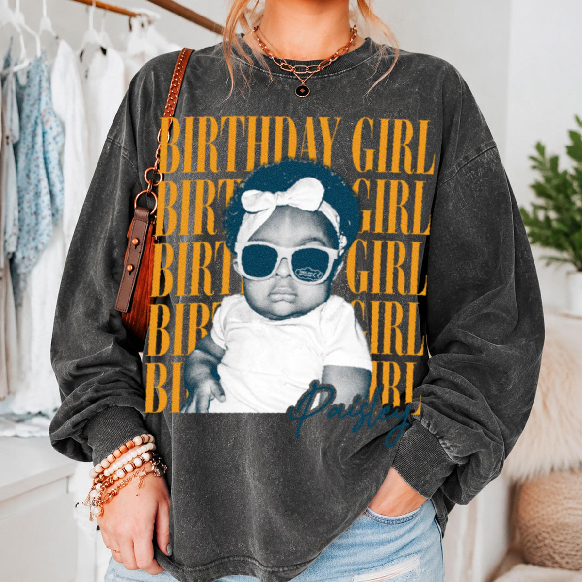 Custom Birthday Girl T-Shirt & Long Gradient Washed Shirt, Personalized Photo And Name Shirt, Vintage Washed Birthday Apparel