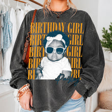 Custom Birthday Girl T-Shirt & Long Gradient Washed Shirt, Personalized Photo And Name Shirt, Vintage Washed Birthday Apparel