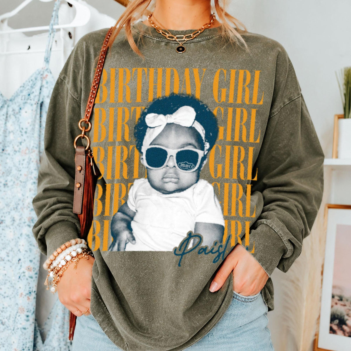 Custom Birthday Girl T-Shirt & Long Gradient Washed Shirt, Personalized Photo And Name Shirt, Vintage Washed Birthday Apparel