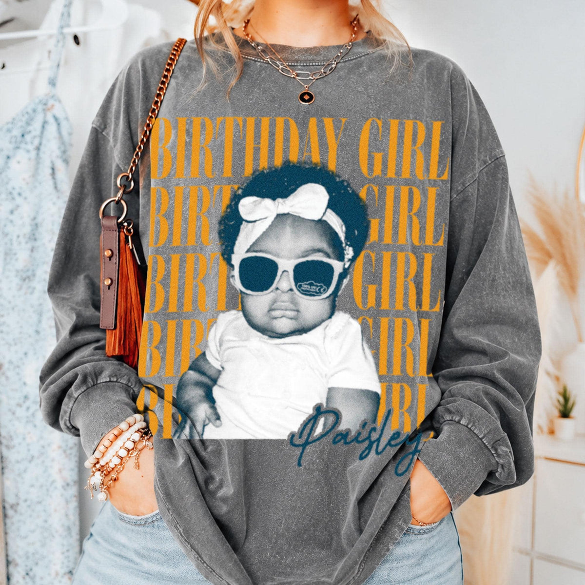 Custom Birthday Girl T-Shirt & Long Gradient Washed Shirt, Personalized Photo And Name Shirt, Vintage Washed Birthday Apparel