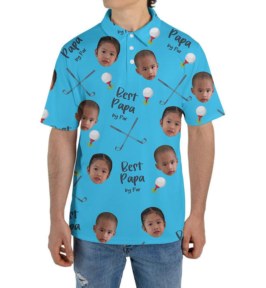 Best Papa By Par Polo Shirt with Custom Kid Face Photo Portrait, Christmas Gift, Personalized Short Sleeve Golf Lover Shirt, Dad Birthday