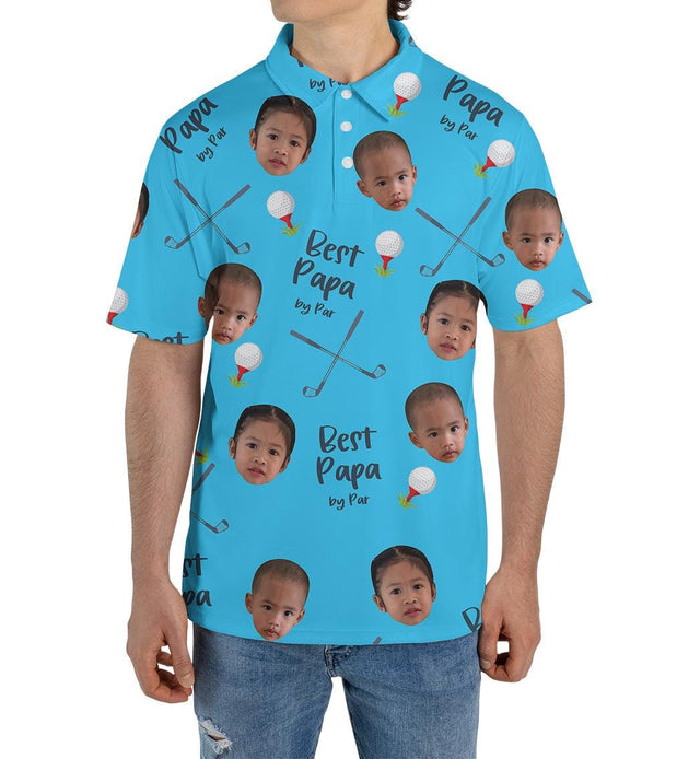 Best Papa By Par Polo Shirt with Custom Kid Face Photo Portrait, Christmas Gift, Personalized Short Sleeve Golf Lover Shirt, Dad Birthday