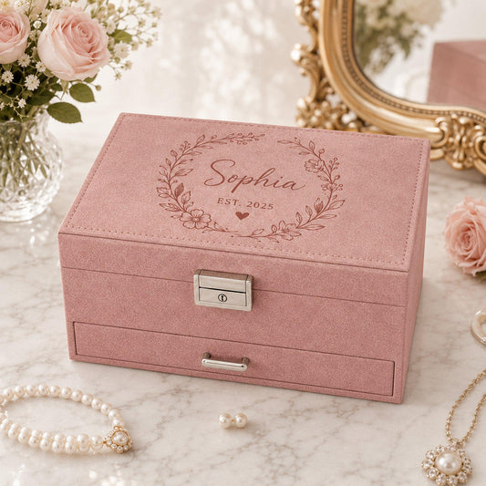 Custom Name Floral Large Jewelry Box, Personalized Velvet Jewelry Organizer With Drawer, Christmas Gift For Her Mom