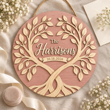 Personalized Family Tree 2 Layer Wooden Door Sign, Custom Surname and Date Tree of Life Door Hanger for Wedding Anniversary or Housewarming