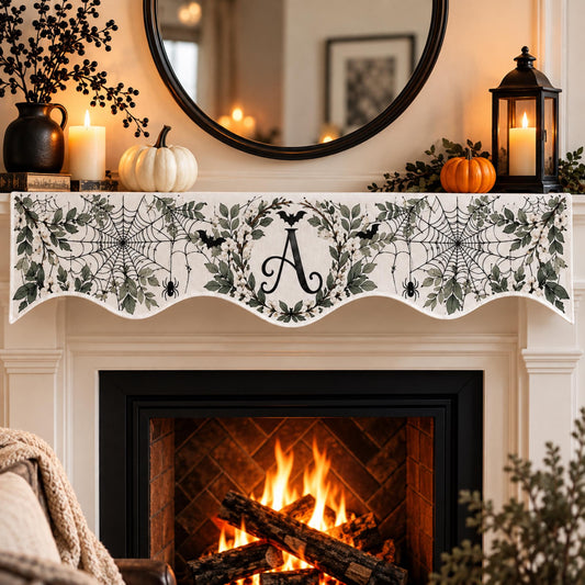 Personalized Monogram Halloween Fireplace Mantel Scarf, Custom Family Initial with Botanical Leaves Spiderwebs and Gothic Spiders Decor