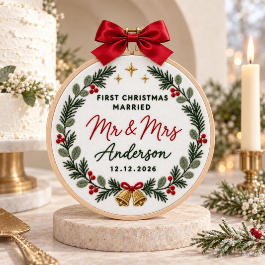 Embroidered Custom Mr and Mrs Name Christmas Wreath Ornament, Personalized Newlywed Gift, First Christmas Married Ornament, Holiday Keepsake