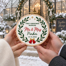 Embroidered Custom Mr and Mrs Name Christmas Wreath Ornament, Personalized Newlywed Gift, First Christmas Married Ornament, Holiday Keepsake