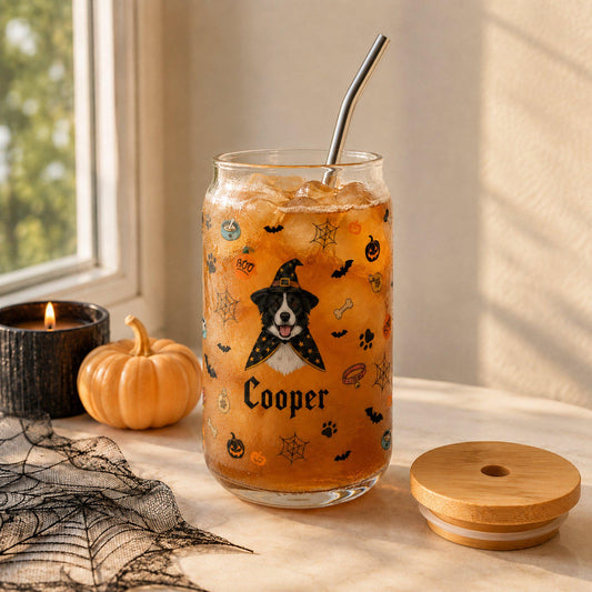 Custom Dog Face Halloween Glass Can with Straw, Personalized Dog Portrait Clear or Frosted Halloween Cup, Spooky Gift for Pet Lovers